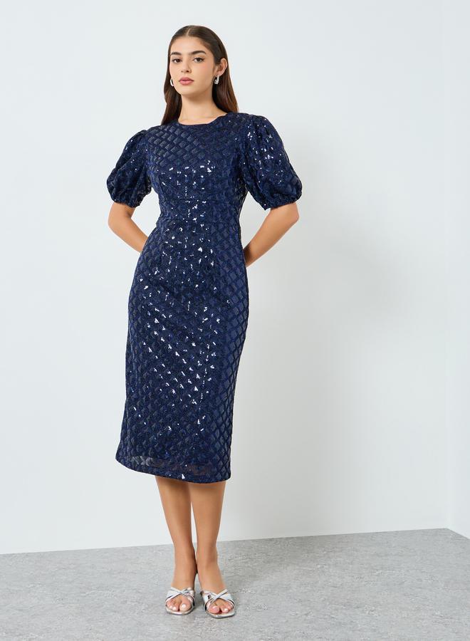 Styli Women Navy Blue Sequin Short Sleeves Sheath Midi Dress - Image 4